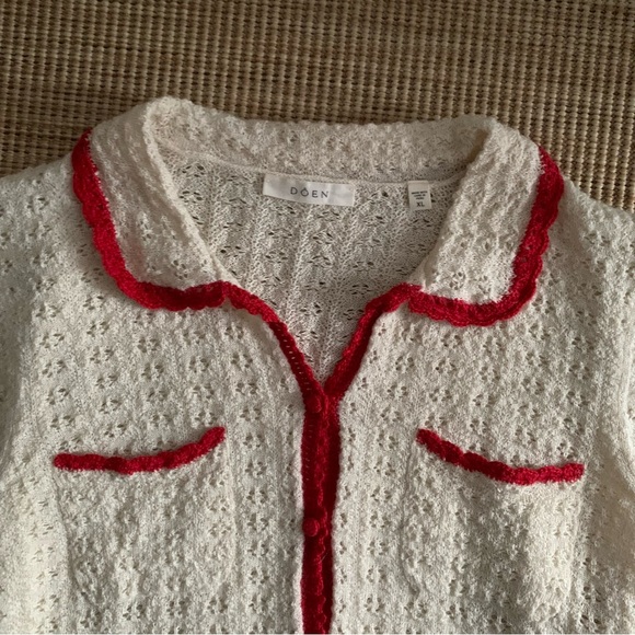 Doen Gloriana Alpaca Silk Collar Crochet Knit Button Sweater Top Moonstone Red - Picture 10 of 14